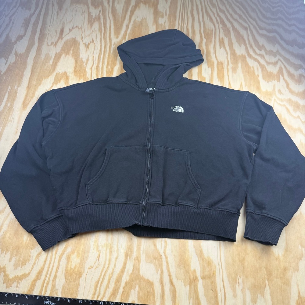 The North Face Women Black Circular Design Cropped Full Zip Hoodie Fleece Large